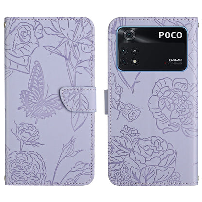 Lavender embossed leather folio phone case with floral butterfly relief and camera cutouts.