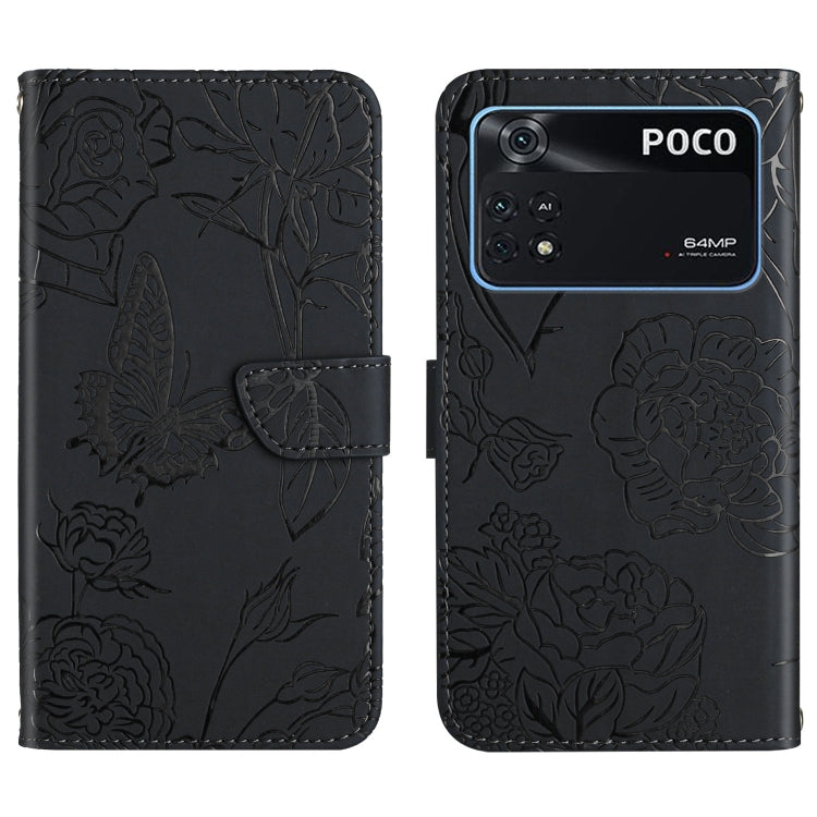 Butterfly peony embossed leather phone case, black folio wallet with cutout slot