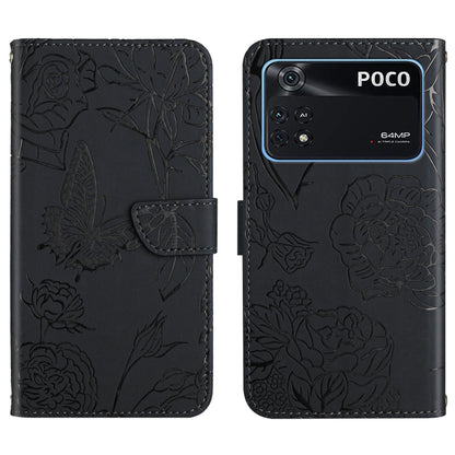 Butterfly peony embossed leather phone case, black folio wallet with cutout slot