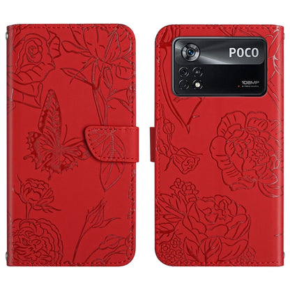 Butterfly peony embossed leather phone case, red folio wallet with flip stand