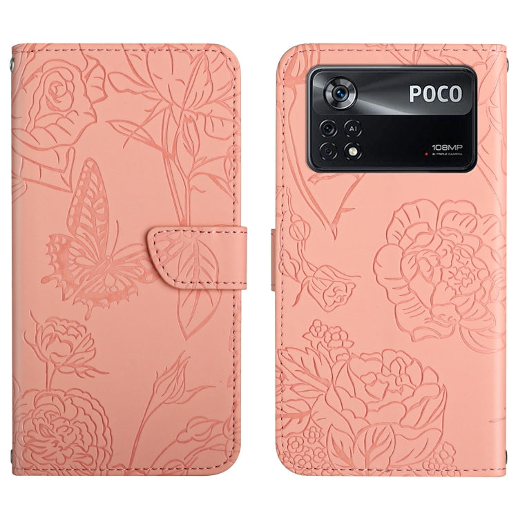 Butterfly peony embossed leather phone case, light pink folio wallet with side strap