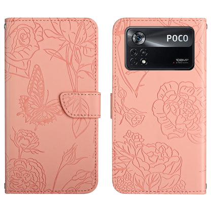 Butterfly peony embossed leather phone case, light pink folio wallet with side strap