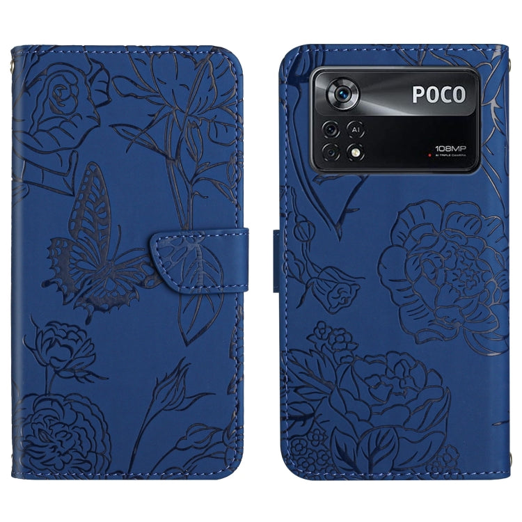 Butterfly peony embossed leather phone case, blue folio wallet with flower butterfly pattern