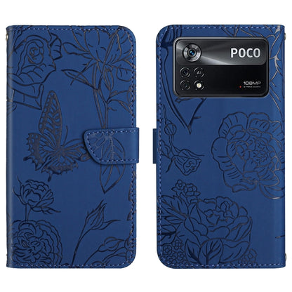 Butterfly peony embossed leather phone case, blue folio wallet with flower butterfly pattern