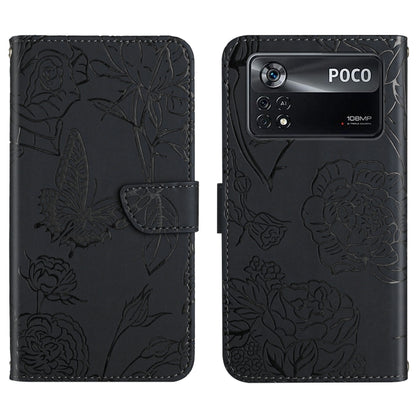 Butterfly peony embossed leather phone case, black folio wallet with embossed floral details