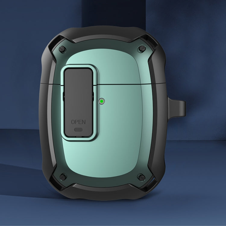 Green and black earbud protective case with side hook and OPEN button cutout