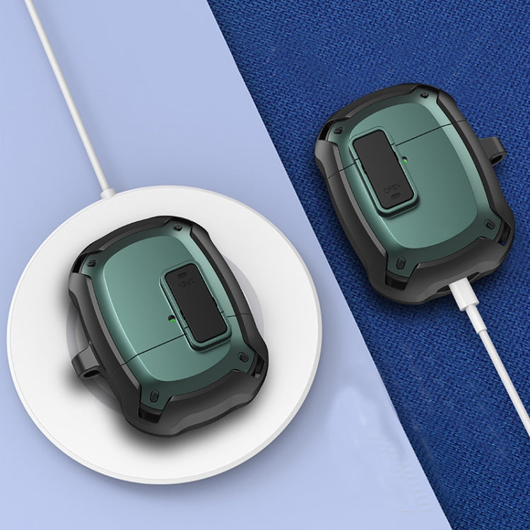 Green earbud protective case with side hook and OPEN cutout, with charging dock cable