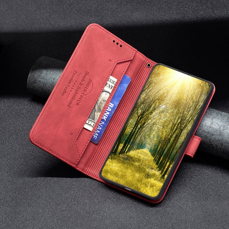 Red leather flip phone case open view showing card slots and secure magnetic closure