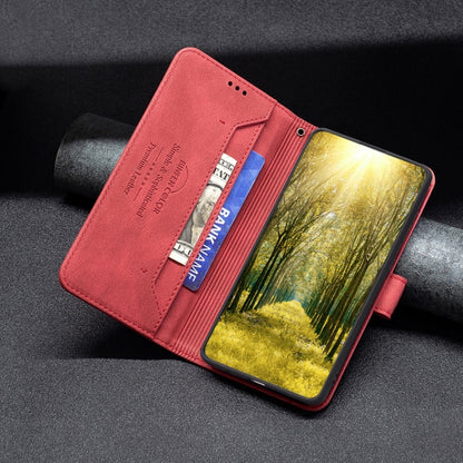 Red leather flip phone case open view showing card slots and secure magnetic closure