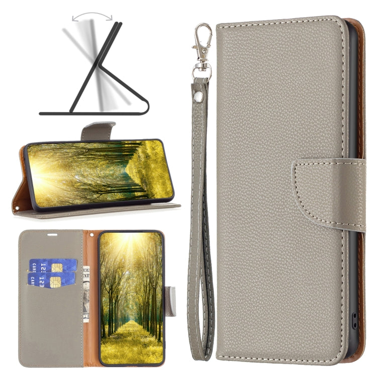 Grey litchi-texture leather folio phone case with wrist strap and front flap