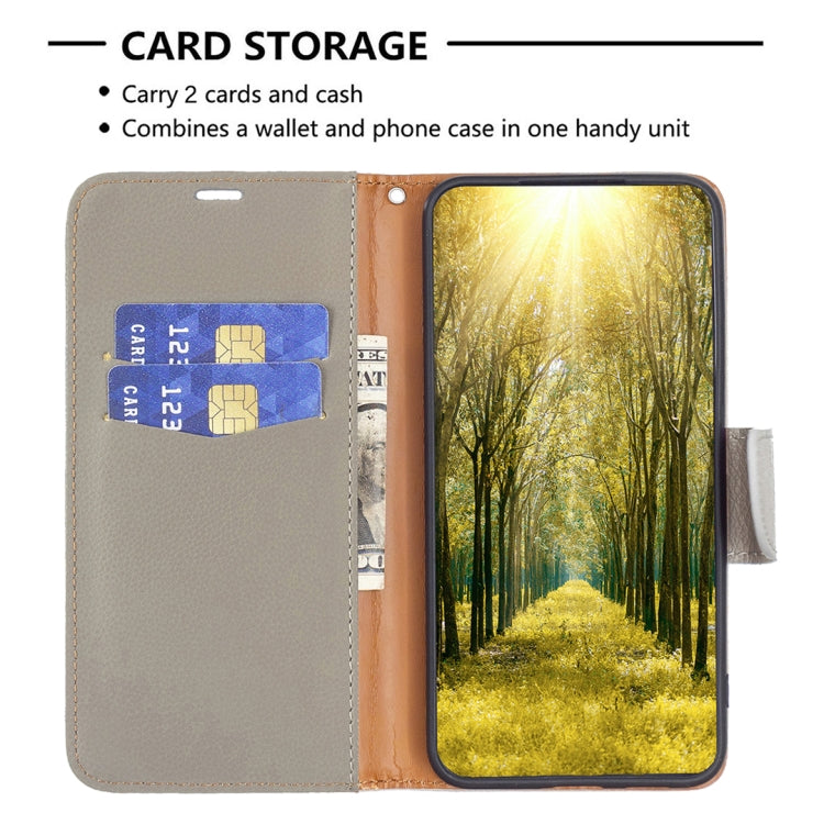 Grey litchi-texture leather folio phone case with 2-card storage and cash slot