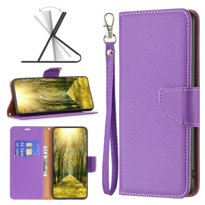 Purple litchi-texture leather folio phone case with front flap and side strap
