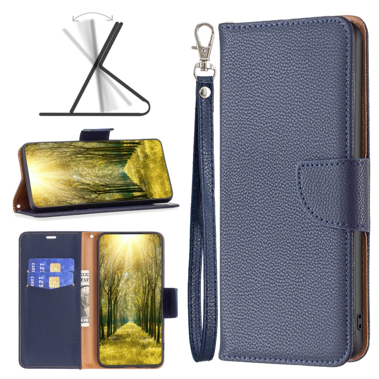 Deep blue leather wallet phone case with flip cover, wrist strap, and card pocket.