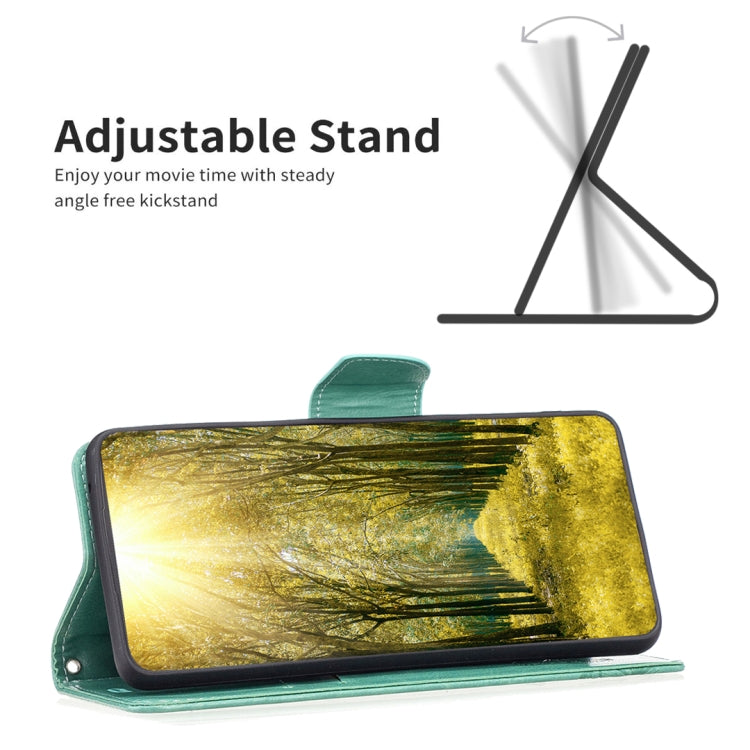 Mint green folio phone case with butterfly embossing, standing cover, and wrist strap