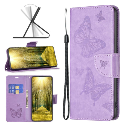 Purple leather phone case with embossed butterflies, flip cover, and wrist strap
