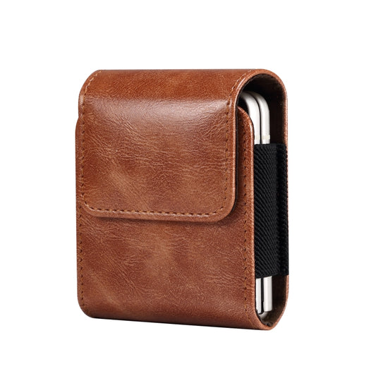 Brown leather folding waist phone case with front flap and side phone opening