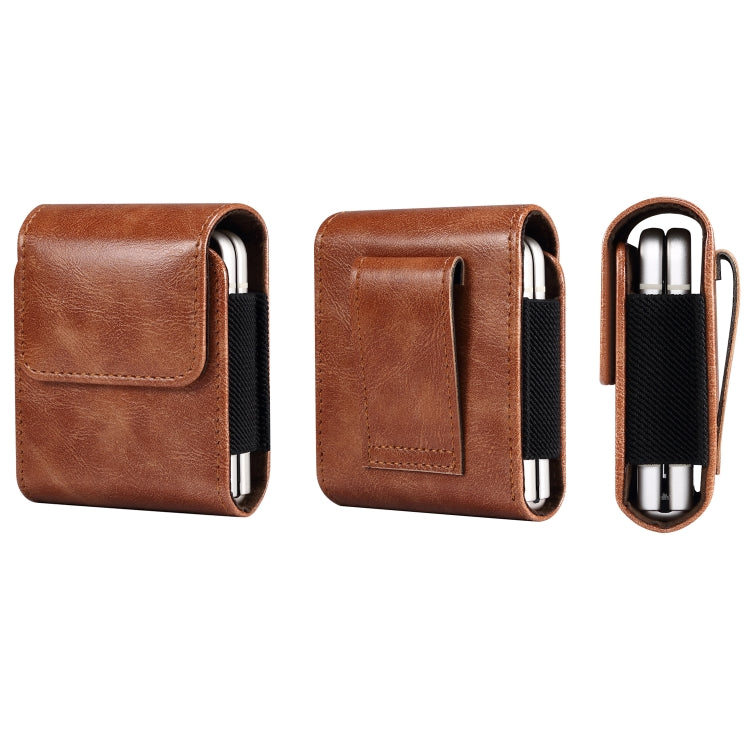 Brown leather folding phone case with belt strap and metal clip for secure mounting