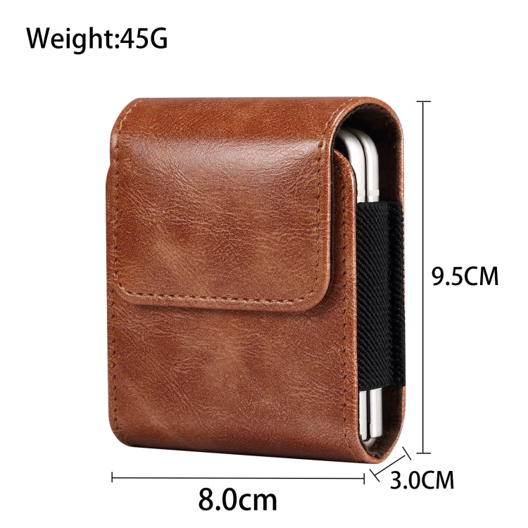 Brown leather folding waist phone case with front flap, side opening, and belt strap