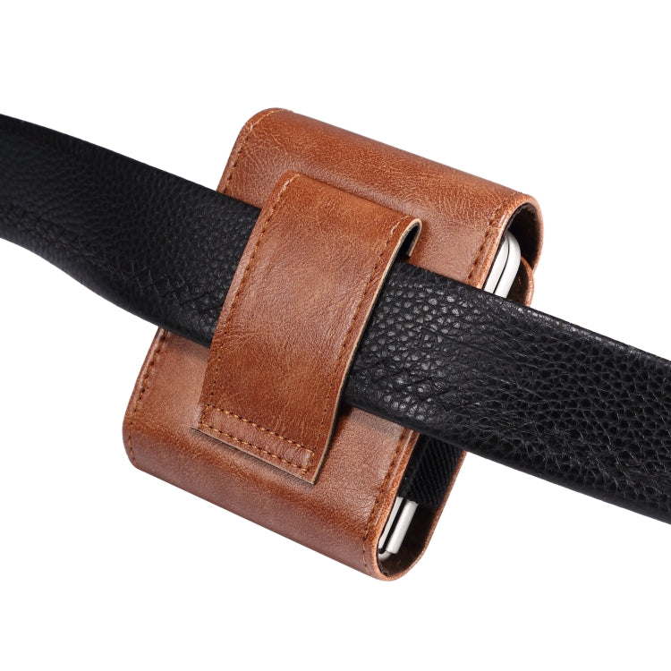Brown leather and black strap waist phone case with metal belt loop and inner sleeve