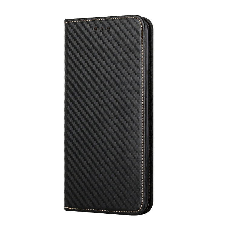 Black carbon fiber texture flip phone case with leather-look edge and stitching