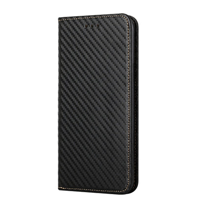 Black carbon fiber texture flip phone case with leather-look edge and stitching