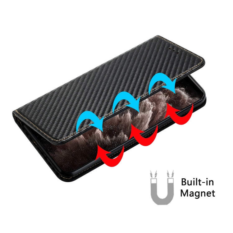 Black carbon fiber texture flip phone case with visible front opening and magnetic closure