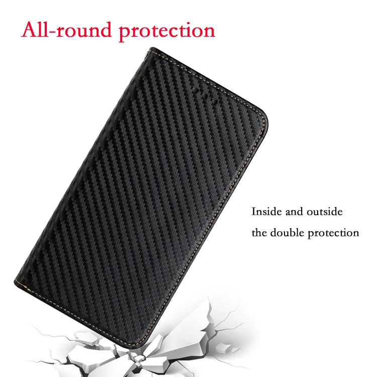 Black carbon fiber texture flip phone case with leather-look exterior and inner protection