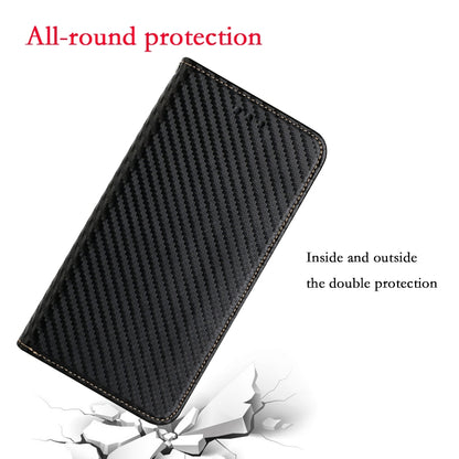 Black carbon fiber texture flip phone case with leather-look exterior and inner protection