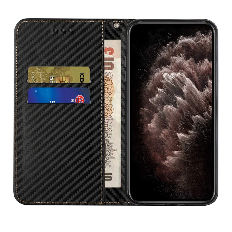 Black carbon fiber texture flip phone case showing card slots and camera cutout
