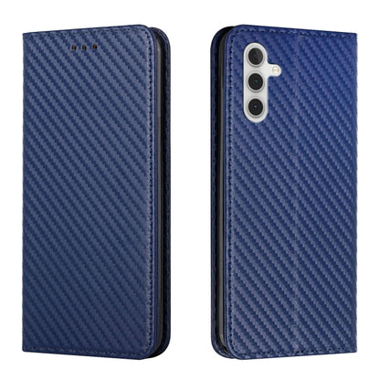 Blue carbon-fiber texture flip phone case with leather wallet style; front and back views.