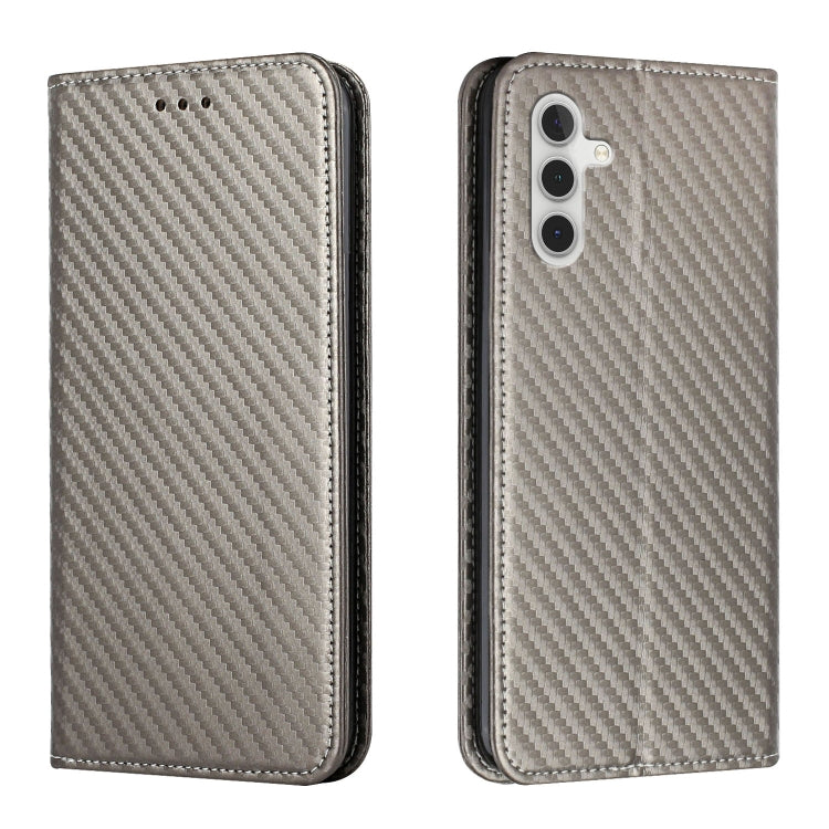 Gray flip phone case with carbon-fiber texture, front button holes, dual camera cutout
