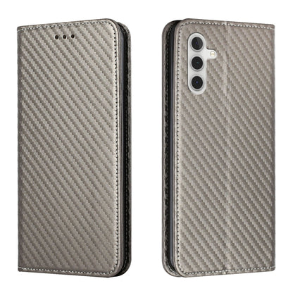 Gray flip phone case with carbon-fiber texture, front button holes, dual camera cutout