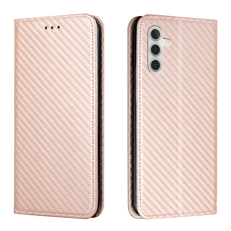 Rose gold flip phone case with carbon-fiber texture, front button holes, dual camera cutout