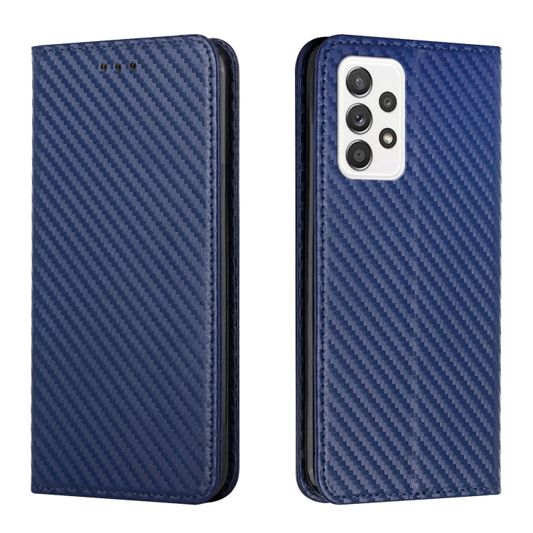 Blue carbon-fiber texture flip phone case with leather edges; back shows camera cutout.