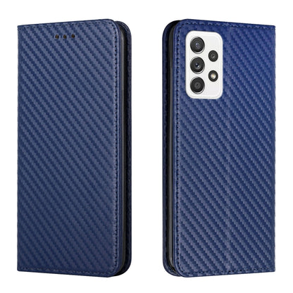 Blue carbon-fiber texture flip phone case with leather edges; back shows camera cutout.