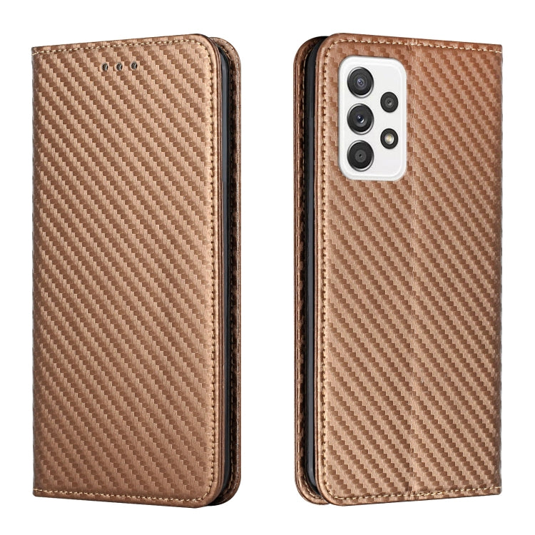 Brown carbon-fiber texture flip phone case with leatherette back and camera module opening