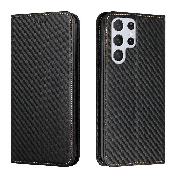 Black carbon fiber texture flip phone case with triple-camera cutout and leather trim