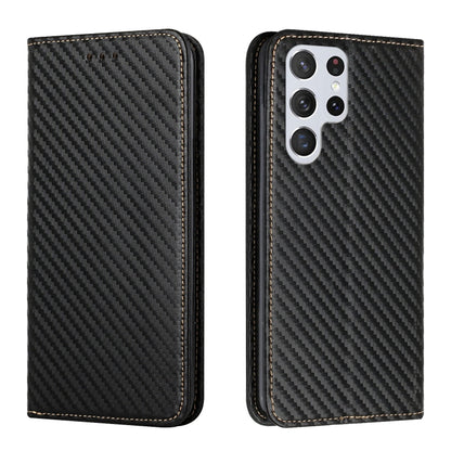 Black carbon fiber texture flip phone case with triple-camera cutout and leather trim