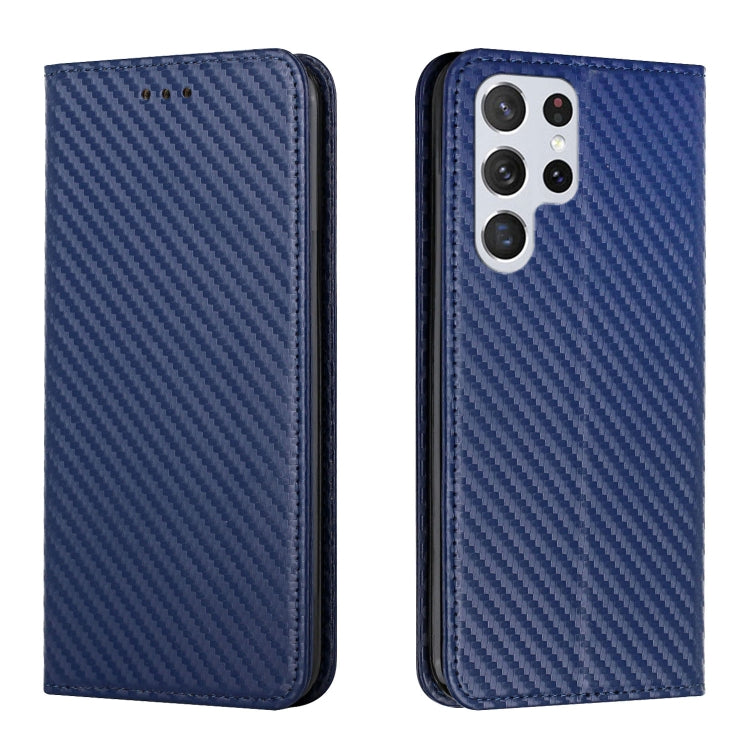 Blue carbon-fiber texture flip phone case with leather border; back shows multi-camera module.