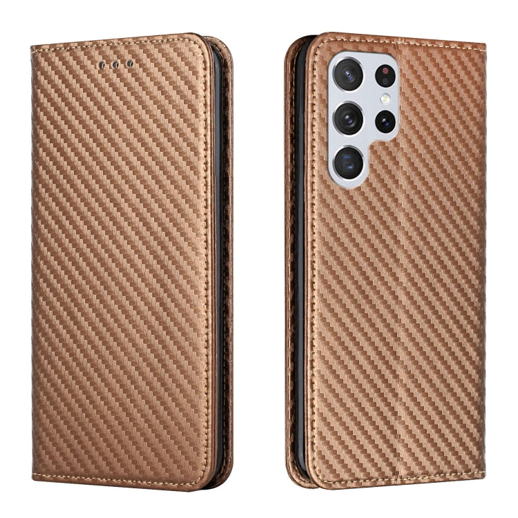 Brown carbon-fiber texture flip phone case with leatherette back and triple-camera cutout