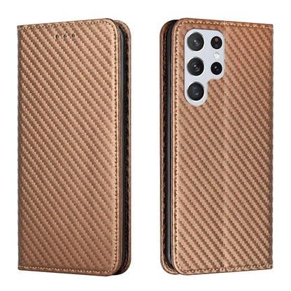Brown carbon-fiber texture flip phone case with leatherette back and triple-camera cutout