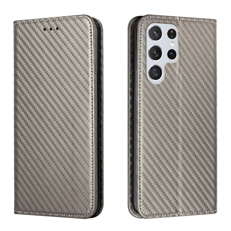 Gray flip phone case with carbon-fiber texture, front button holes, quad camera cutouts
