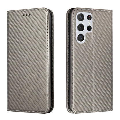 Gray flip phone case with carbon-fiber texture, front button holes, quad camera cutouts