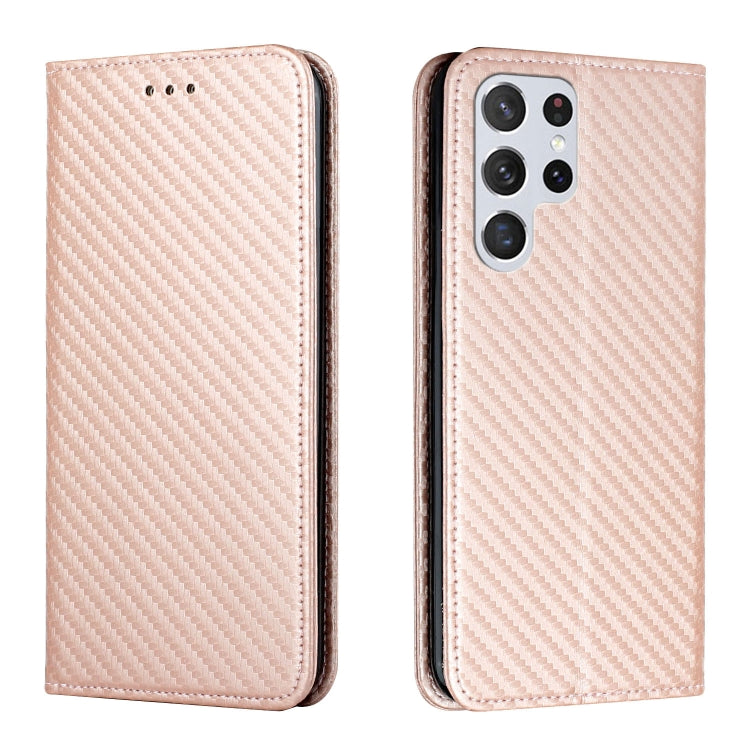 Rose gold carbon-fiber textured leather flip phone case, front and back with camera cutout