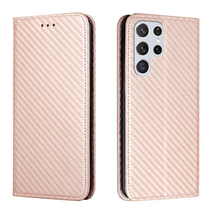 Rose gold carbon-fiber textured leather flip phone case, front and back with camera cutout