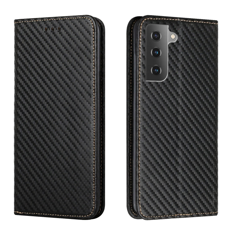 Black carbon-fiber texture flip phone case, leather wallet style; front and back views.