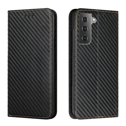 Black carbon-fiber texture flip phone case, leather wallet style; front and back views.