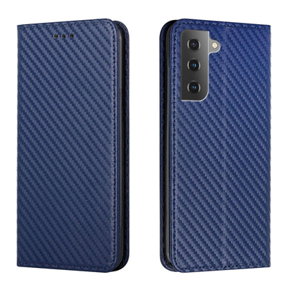 Blue carbon-fiber texture flip phone case with leather trim; back shows dual camera cutout.