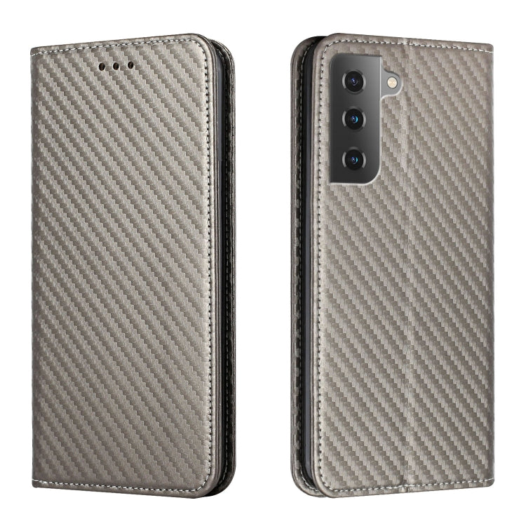 Gray flip phone case with carbon-fiber texture, front button holes, dual camera cutout