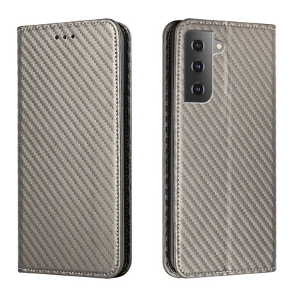 Gray flip phone case with carbon-fiber texture, front button holes, dual camera cutout